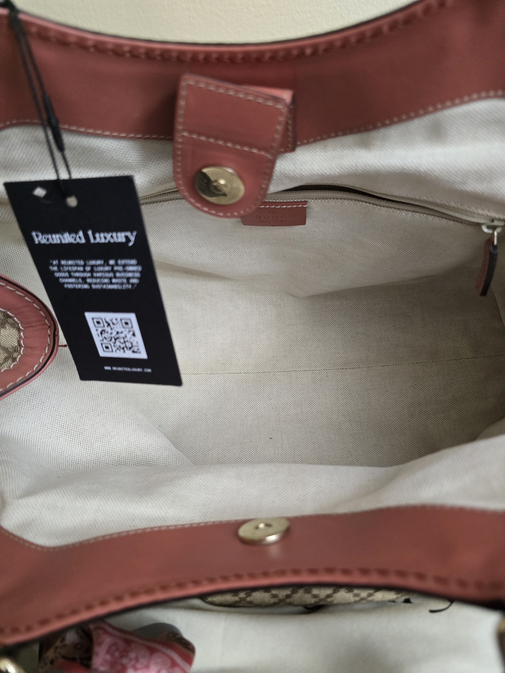 Gucci Beige Canvas Shoulder Bag with Brown Leather Trim